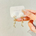 White Rose Stud Earrings Gold Vine Crystal Leaf Drops view 1