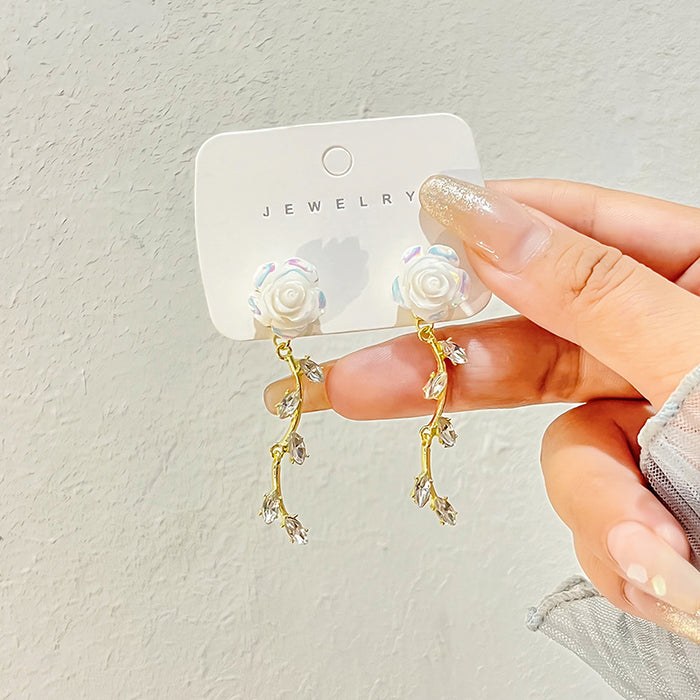 White Rose Stud Earrings Gold Vine Crystal Leaf Drops