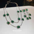 Silver Tone Green Rectangle Chain Drop Earrings With Clear Halos view 2