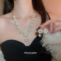 Gold Pearl Flower Rhinestone Necklace Earring Drop Set view 4