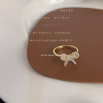 Gold Tone Open Adjustable Pearl Beaded Bow Finger Ring
