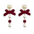 Red Velvet Bow Drop Earrings Pearl Heart And Filigree Posts view 5