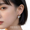 Gold Tone Red Rose Green Leaf Pearl And Clear Stone Stud Earrings view 2