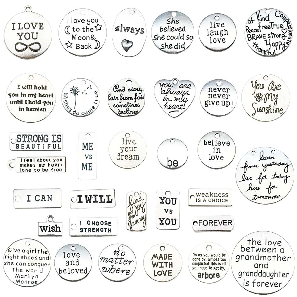 Antique Silver Iron Inspirational English Word Plate Charm Pendant for DIY Necklace Keychain