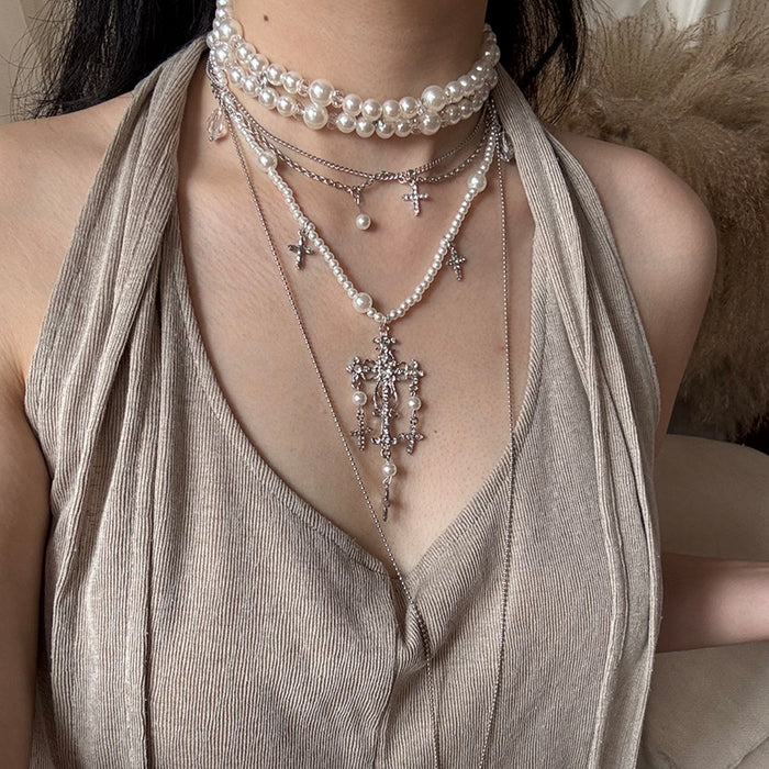 Ornate Pearl Cross Layered Silver Tone Necklace Set
