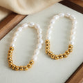 Gold Round Bead White Baroque Pearl Stretch Bracelet Beaded view 3