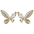 Gold Butterfly Stud Earrings White Shell Wings Clear Stones view 5