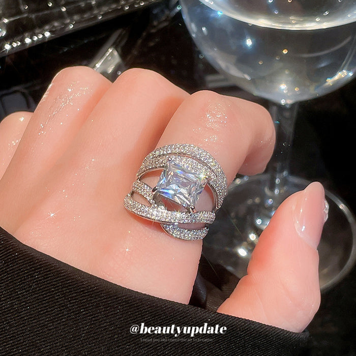 Silver Open Cross Band Square Crystal Statement Ring