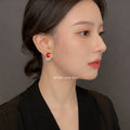 Gold-Tone Wine Red Oval Gem Floral Cluster Stud Earrings view 2