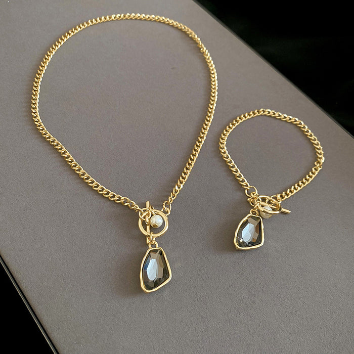 Curb Chain Crystal Pendant Necklace Bracelet Two-Piece Sets