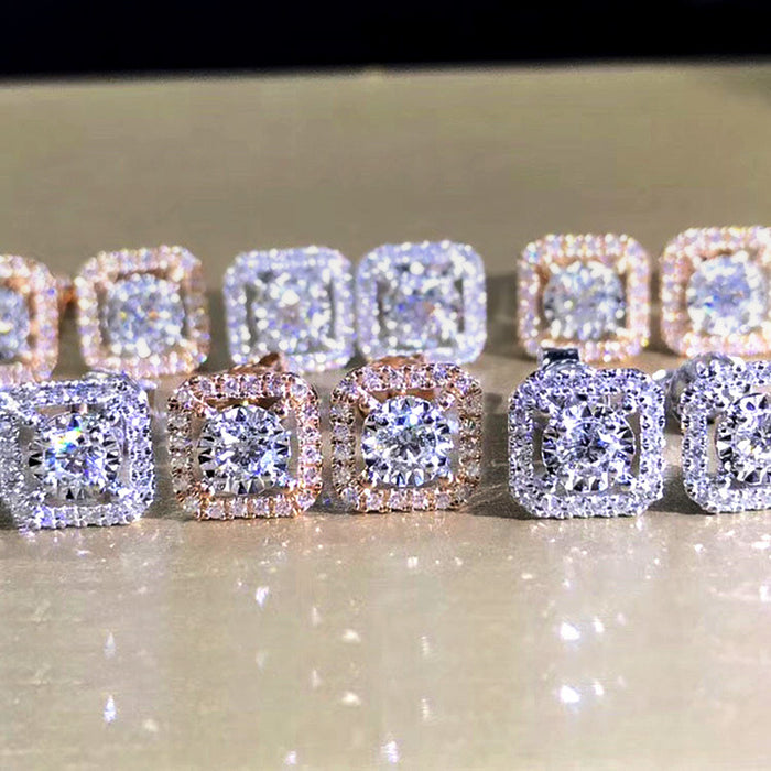 Square Halo Clear CZ Stud Earrings Rose Gold Silver Gold