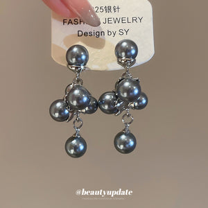 Gray Pearl Look Cluster Drop Earrings in Graduated Sizes
