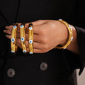 Gold Open Cuff Bangle Blue Evil Eye Enamel Accents view 3