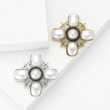 Baroque Cross Pearl Brooch Black Rhinestone Halo Metal Pin