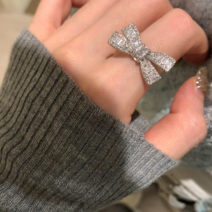Silver Tone Baguette Crystal Oversized Bow Ring With Clear Stones