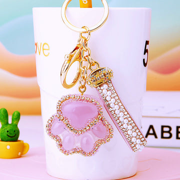 Crystal Paw Keychains with Matching Jeweled Straps in Five Colors