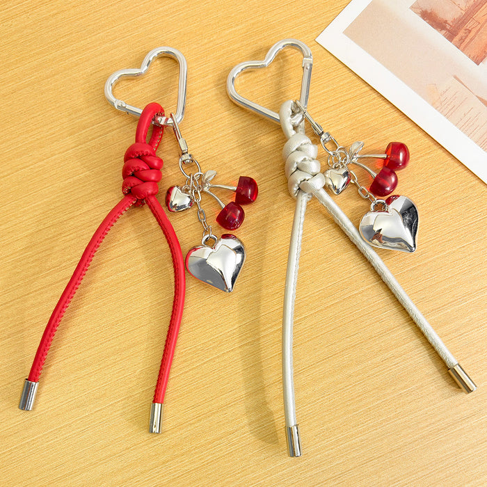 Braided Cord Silver Heart And Cherry Charm Bag Pendant