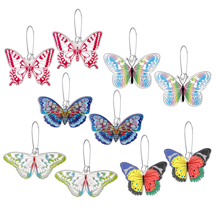 Silver Tone Colorful Printed Acrylic Butterfly Kidney Wire Drop Earrings