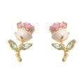 Gold Tone Pink Edged White Rose And Green Leaf Stud Earrings view 5