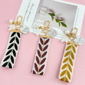 Embroidered Leaf Ribbon Wristlet Keychain With Pearl Bead Strap And Charm view 2