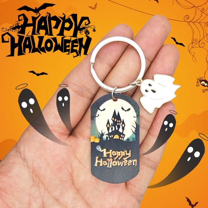 Halloween Castle Dog Tag Keychain White Ghost Charm