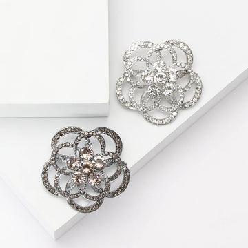 Layered Petal Rhinestone Flower Brooch in Two Finishes