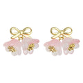 Gold Tone Bow Bell Flower Cluster Stud Earrings In Aqua And Pink view 5