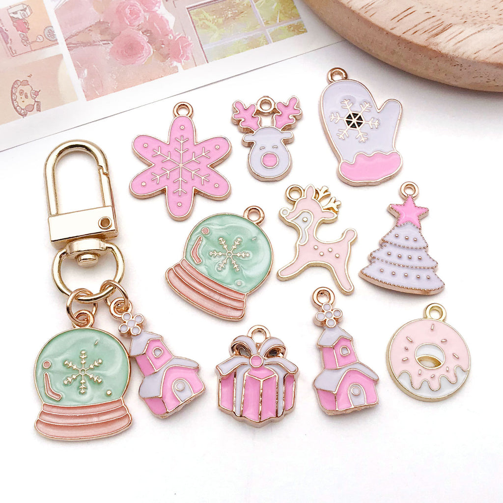 Glass Pink White Enamel Santa Claus Snowflake Gift Box Charm Pendant for DIY Bracelet Jewelry