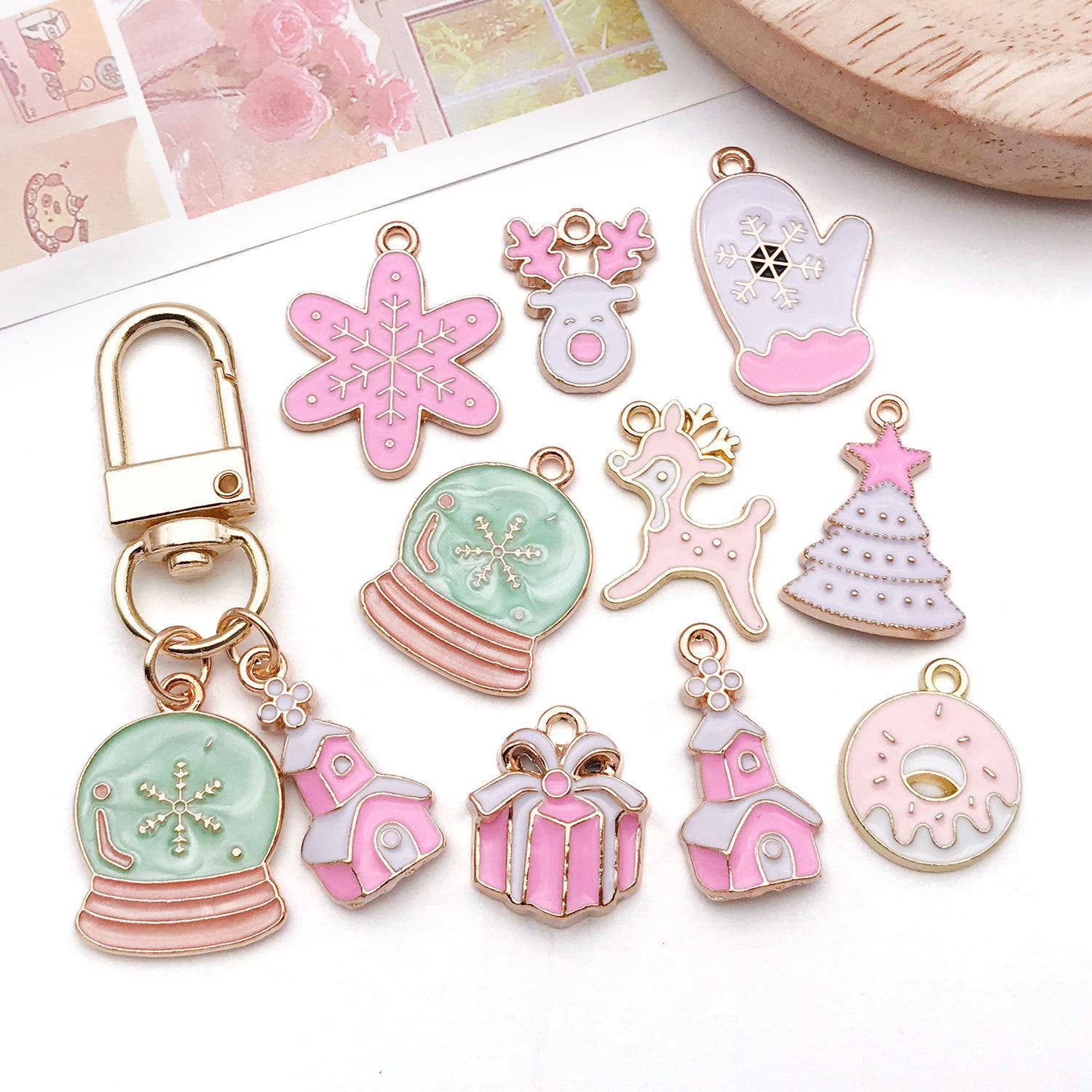 Glass Pink White Enamel Santa Claus Snowflake Gift Box Charm Pendant for DIY Bracelet Jewelry