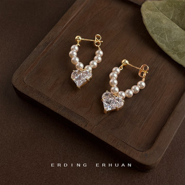 Gold Pearl U Loop Heart Clear Zircon Drop Earrings