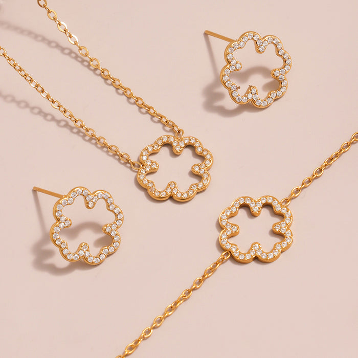 Clover Openwork Zircon Necklace Bracelet Stud Earrings Set