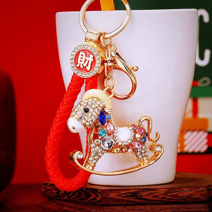Crystal Rocking Horse Keychains with Colorful Braided Wrist Straps