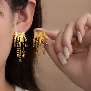 Zinc Alloy Gold-Tone Flower Drop Earrings with Chain Tassels
