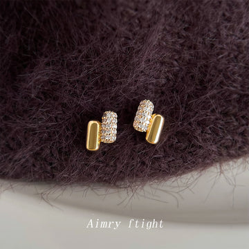 Gold Dual Capsule Mini Stud Earrings Pave Crystal Pair