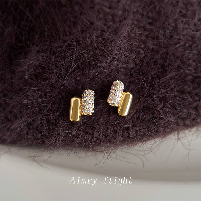 Gold Dual Capsule Mini Stud Earrings Pave Crystal Pair