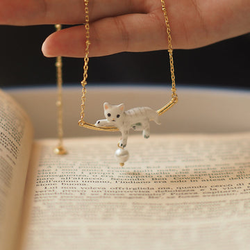 White Cat Bar Pendant Necklace with Pearl Drop in the Pictured Finish