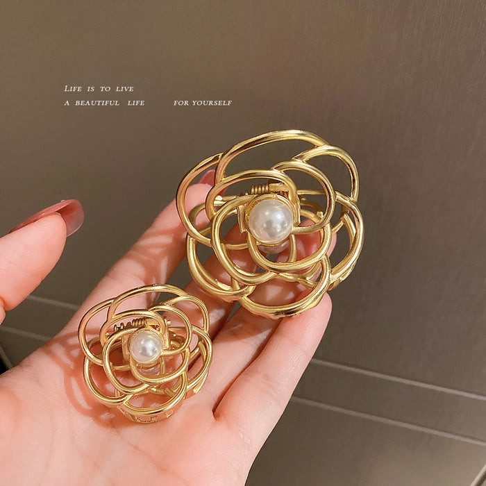 Gold Tone Camellia Pearl Hair Claw In Small Or Large Size