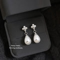 Silver-Tone Flower Stud Teardrop Pearl Drop Earrings view 1