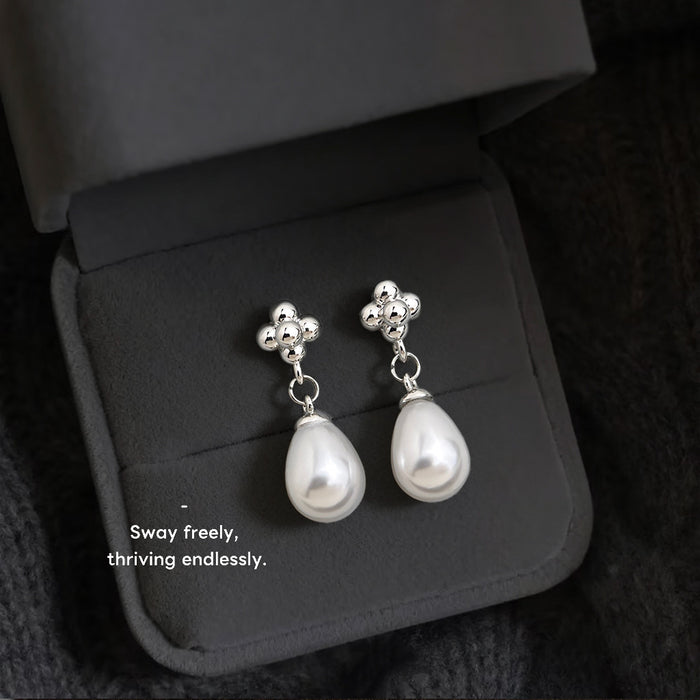 Silver-Tone Flower Stud Teardrop Pearl Drop Earrings