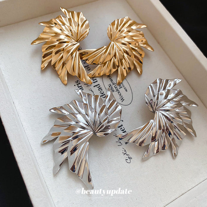 Gold Tone Pleated Wing Statement Stud Earrings Fashion Jewelry for Women