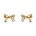 Gold Tone Sculpted Bow Stud Earrings With Stitched Ribbon Detail view 5