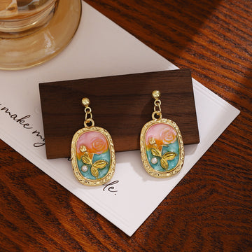 Pink Garden Oval and Rectangle Gold Tone Dangle Earrings