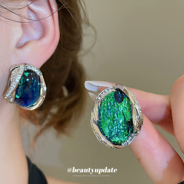 Iridescent Green Oval Statement Stud Earrings with Clear Stones