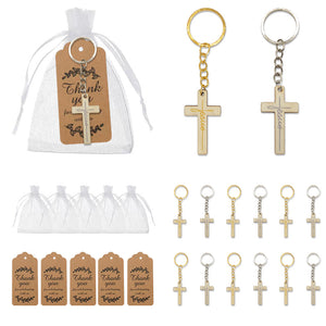 Wood Jesus Cross Keychain Mixed Gold Silver Ring Set