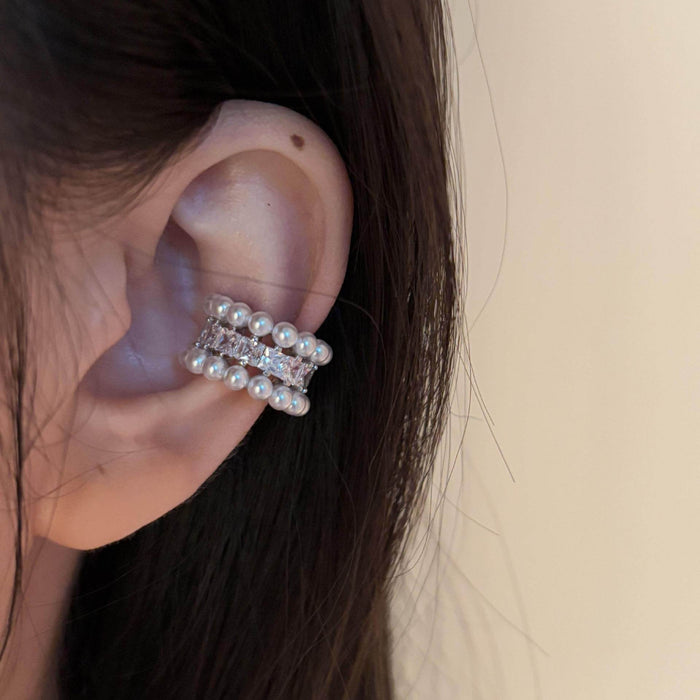 Triple Row Pearl and Crystal Clip On Ear Cuffs with Metal Settings