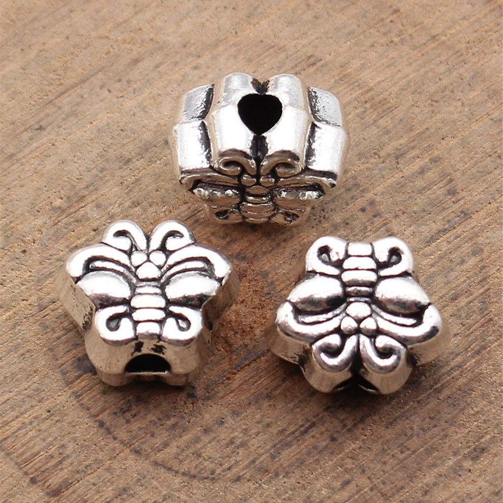 10x9x6.6mm 2.1g Antique Silver Zinc Alloy Double Sided Butterfly Through Hole Beads for DIY Jewelry Making
