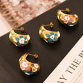 Colorful Floral Enamel Chunky Hoop Stud Earrings Pair view 3