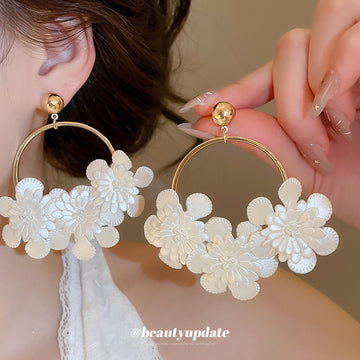White Floral Gold Tone Large Hoop Earrings Statement Jewelry