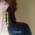 Gold Tone Crystal Bar Fringe Earrings with Pearl Drops view 3