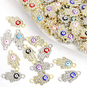 Rhinestone Hamsa Hand Connector Charms with Enamel Evil Eye, 18.6 mm